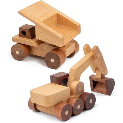 Wooden Toy Construction Cars, 3+ (Excavator & Dump Truck) | 2 wooden cars with present boxes & storage bags, construction toys for fine motor skills, birthday Christmas present for kids