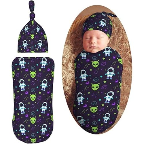 Colorful Green Alien Space Astronaut Newborn Swaddle Blanket with Beanie Set Soft Baby Sleep Sack Stretch Adjustable Swaddle Wraps Receiving Blankets