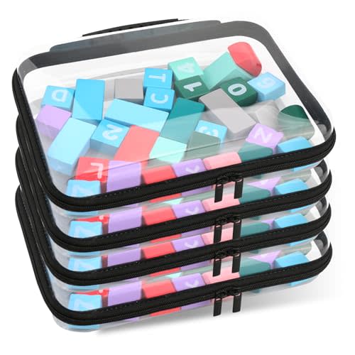 QAVABIN Clear Hard Zipper Pouch, Bliss Zippered Storage Bins, Waterproof PVC Shell Travelling Bags, Storage for Board Games, Building Blocks, Puzzles, Kids Books with Handle, Plastic Organizing, 4Pc
