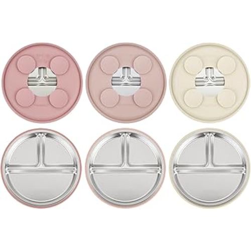 PandaEar 3 Pack Stainless Steel Baby Suction Plates, Divided Toddler Plate for Baby Led Weaning Supplies, Non-Slip Toddler Baby Feeding Set Dishwasher Safe (Pink/Linen/Light Pink)