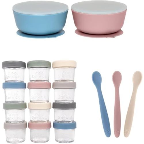 WeeSprout Baby Feeding Bundle - Glass Food Storage Jars - 2 Silicone Suction Bowls - 3 Soft-Tip Baby Spoons - Microwave & Dishwasher Safe - Infant to Toddler Mealtime Kit