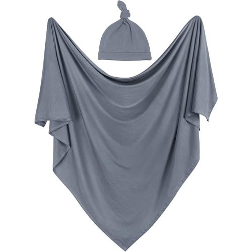 OWLOWLA Swaddle Blanket and Hat Set Newborn Swaddle Wrap Baby Receiving Blanket for Baby Boys Girls(Dim Gray)