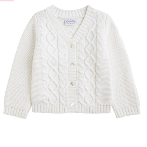 White Layette Cardigan | Cotton Cable Knit Sweater for 0-6M | Mud Pie