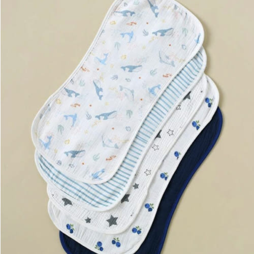 5pcs Set Floral, Whale Printed 100% Cotton Gauze Baby Bibs, Soft Gentle Burp Cloths For Infant Boys & Girls