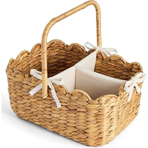 Baby Diaper Caddy Organizer, Large Portable Handmade Nursery Basket w/Removable Divider & Handles, Handwoven Changing Table Storage Bin for Nursery Organization - Natural