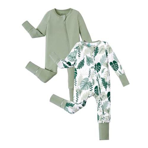 PATPAT Baby Footie Romper, Viscose from Bamboo, Long Sleeve, 2-Way Zipper, Fold-Over Mittens, Cuffs & Anti-Slip Grips