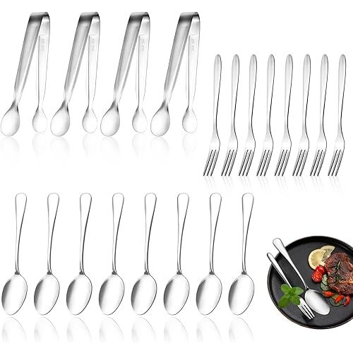 20 PCS Appetizer Forks Spoons and Tongs Mini Charcuterie Accessories Stainless Steel Sporks Teaspoons Serving Spoons for Party Small Utensils for Cocktail Salad Dessert