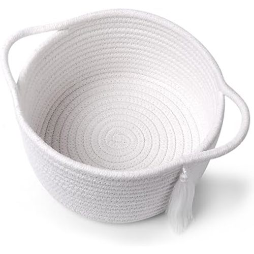 Small Gift Basket Empty to Fill with Gifts Bag & Ribbon, White | Cute Decorative Mini Woven Rope Basket with Handles for Gifting; Reusable for Bathroom Counter or Desk Catchall, 8 x 4.7 in