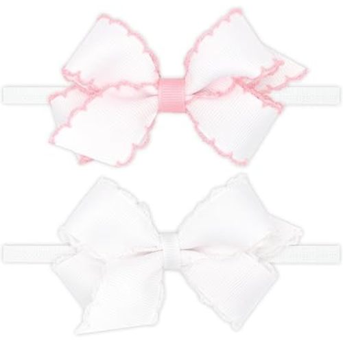 Wee Ones Girls GIFT PACK 2 Mini Moonstitch Grosgrain Bows Skinny Nylon Band
