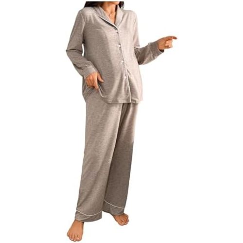 MakeMeChic Women's Maternity 2 Piece Pajama Set Button Down Long Sleeve Tops and Pants Sleepwear
