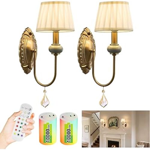 Wireless Battery Operated Antique Brass Wall Sconces Set of 2, 10000mAh Rechargeable Gold Crystal Vintage Fabric Shade Wall Lights with Bulbs & Remotes, RGB Dimmable for Living Room Bedroom Hallway