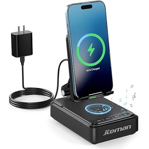 Jteman Cell Phone Stand with Bluetooth Speaker and Wireless Charger, Desktop Charging Station Stand Speaker for iPhone, Christmas Birthday Gift for Men Women (Black)