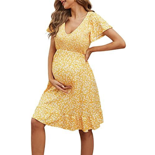 Domee Maternity Dress Floral Print V-Neck Midi A-Line Shirred Short Sleeves Ruffled Flowy Summer Boho Baby Shower Photoshoot