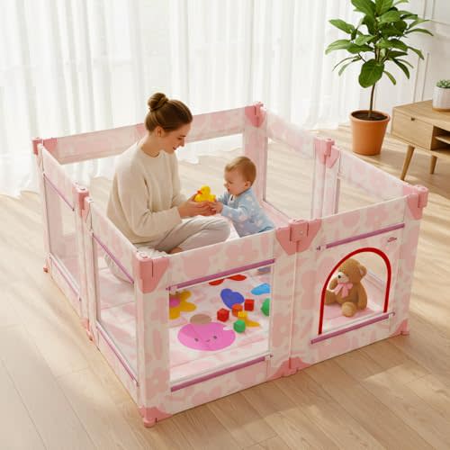 Tiny Marvels Baby Playpen, 50 x 50 in Play Pen for Babies and Toddlers, Foldable Baby Playpen, Play Yard for Infants with Breathable Mesh, Playard with Gate (Pink Floral, Mat not Included)