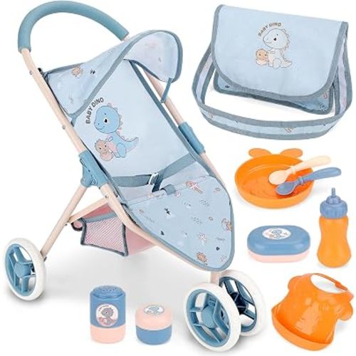 deAO Baby Doll Stroller Set with Canopy,Storage Basket,Feeding Accessories