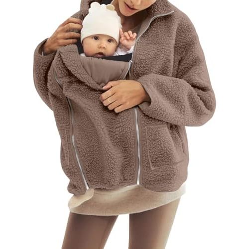Mywinway Maternity Coat Fall Winter Mom Cozy Carrier Fleece Sherpa jacket Warm Zip Up Coats Clothing