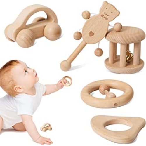 Promise Babe Puzzle Toys Montessori Rattle Set Infant Wooden Rattles Interesting Toy 5pc Nursing Wooden Baby Toys