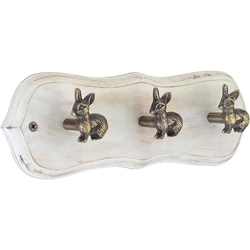 Rustic Wall Mounted Coat Rack with 3 Antique Brass Rabbit Hooks – Distressed White Wood Base, Hook Rail for Hats, Coats & Keys – Animal Themed Organizer for Home, Entryway & Nursery