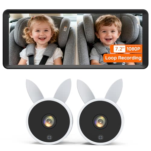 Babyvue BV3 MAX Dual Car Camera Baby Monitor with Recording, 7.2" Split Screen Backseat Camera, 1080P IR Night Vision, Easy Setup for Twins & 2 Kids