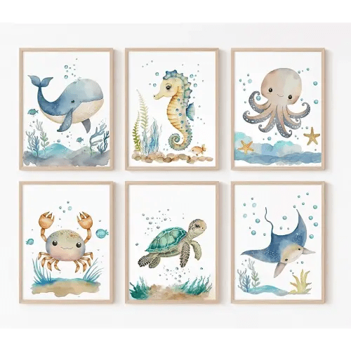 Joocrise Sea Animal Wall Art, Cotton Canvas Print, Modern Style, Nursery Room Decor, Unframed, 8x10 Inch, Watercolor, Set of 6, Ocean Themed Wall Art for Baby Boys Room, Kids Girl Art Prints