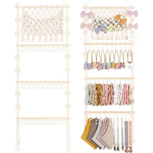 POVETIRE Headband Holder Hair Bow Organizer for Girls,Macrame Bow Holder Hair Accessories Organizer Storage Large Capacity Wall Hanging for Toddler Girl Nursery Room Decor