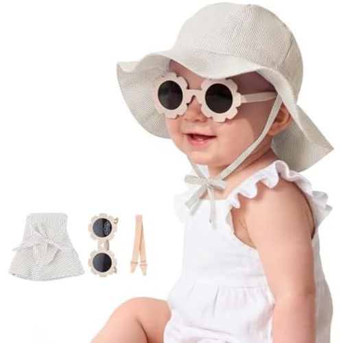 Durio Baby Sun Hat and Sunglasses - UPF50+ Sun Protection Hat for Boy Girl, Wide Brim Summer Beach Hats for Newborn Toddler