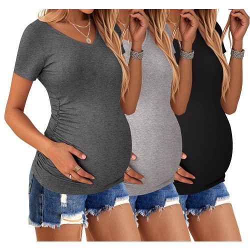 Ekouaer Womens Maternity Shirts 3 Packs V Neck Tops Tunic Pregnancy Clothes Side Ruched Short Sleeve Casual T Shirt S-XXL