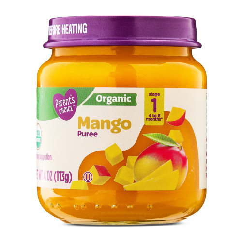 Parent's Choice Organic Stage 1 Baby Food Mango Puree 4 oz Jar for 4-6 Months