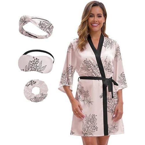 Satin Robe for Women Print Short Silky Kimono Robes Lightweight Summer Bathrobe with Eye Mask Headband Hair Tie