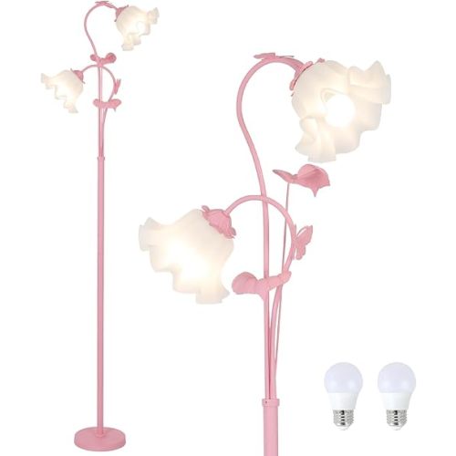 HMVPL Pink Flower Floor Lamp, Floral Standing Lamp with 2 LED 5W Blubs, Foot Switch, Modern Corner Tall Lamp with Acrylic Shade, Girls Cute Floor Lamp for Living Room Bedroom Office Kids Reading