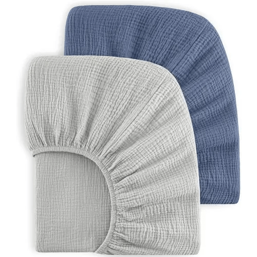 Bearmoss Muslin Crib Sheets 100% Cotton Baby Crib Sheets Fitted for Standard Crib Mattress & Toddler Bed Mattress 52"x28" Soft Breathable Crib Sheet Neutral for Boys Girls - 2 Pack (Blue Elephant)