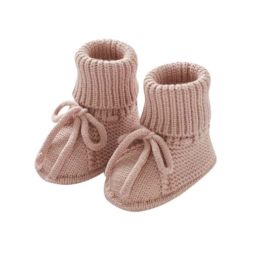 Xfvqtps Baby Booties Knitted Crochet Solid Color Lace up Bow Mid Tube Non Slip Soft Comfortable Warm Winter House Shoes Prewalker Pink