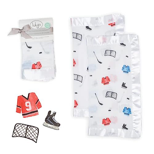 lulujo Baby Security Lovey Blankets| Unisex Softest Breathable Cotton Muslin Security Blanket with Silky Satin Trim| Neutral Comforting Blanket for Girls & Boys | 16in by 16 in| Hockey