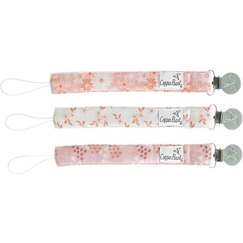 Copper Pearl Pacifier Clip 3-Pack: Premium Knit Binky Clips for Baby Girls and Boys - Stylish Stainless Steel Pacifier Holder Clip - Baby Pacifier Clips for No More Floor Drops - Rue