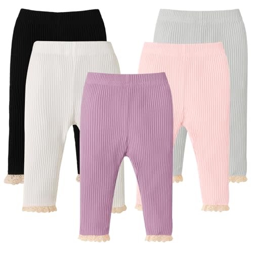 DREAM BUS 5 Pack Baby Girl Pants Toddler Girl Solid Ribbed Pants with Lace Trim Newborn Cotton Leggings Infant Jogger Pants