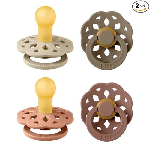 BIBS Boheme Soother 4-Pack. BPA Free Dummy Pacifier, Round Nipple. Natural Rubber Latex, Made in Denmark. 0-6 Months (Pack of 4), Peach Mix