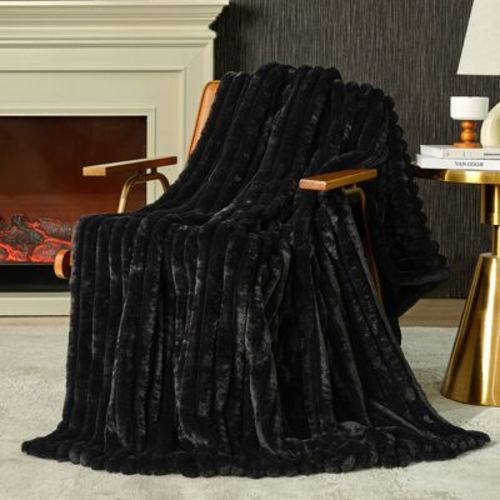 Luxe Faux Fur Throw Blanket Cozy Striped Texture for Sofa, Bedroom, or Living Room, Black-Amelie Home