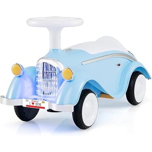 Costzon Toddler Ride On Toy, Classic Foot to Floor Sliding Car w/Steering Wheel, Horn, Headlights & Under Seat Storage, Kids Push Ride-Ons, Retro Baby Ride On Toys for Boys Girls 19-36 Months (Blue)