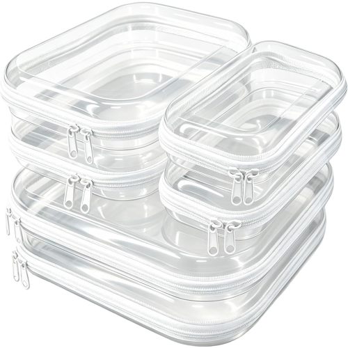 6 Pack Clear Hard Shell Zipper Case – Travel Makeup Bag, Diaper Bag Organizer Pouches, Clear Toiletry Bags, Hard Plastic Cosmetic Organizer, 2S 2M 2L，Makeup Bag Organizer, Clear Zipper Pouches.