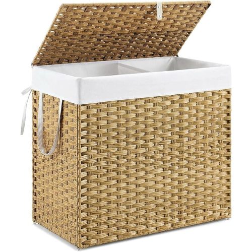 DUMOS Wicker Laundry Basket with Lid, 110L Woven Laundry Hamper with Handles, Foldable Rattan Clothes Hamper with Removable Liner & Sturdy Steel Frame, Goose Yellow
