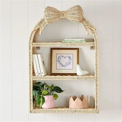 Practical Rattan Bookshelf, Decorative Wall Shelf with Bowknot Design, Floating Shelves for Wall, Small Decorative Shelf for Living Room, Bedroom or Entryway