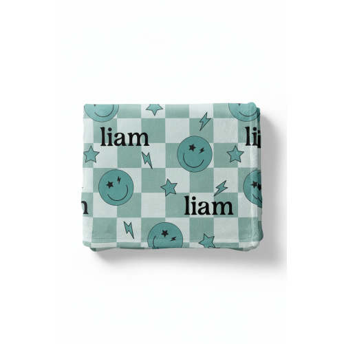 Smiley Face Check Personalized Kids Blanket | Green