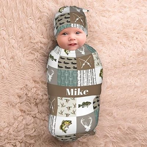 Personalized Baby Swaddle Blanket with Hat – Personalized Name Receiving Blanket Set for Newborn Boys – Soft Infant Gift Wrap (Hunting Them)