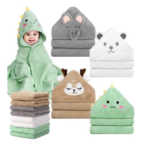 CandyHome 12 PCS Baby Bath Towels Set for Infants Toddlers, 4 PCS Animal Hooded Baby Towels & 8 PCS Washcloths Set, Ultra Absorbent Cute Soft Newborn Essentials Gift for Boys & Girls
