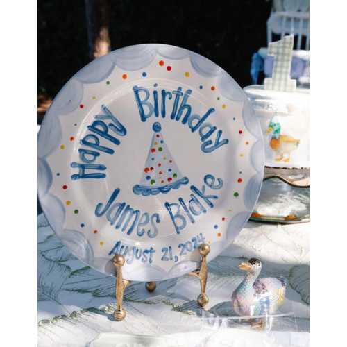 Personalized Boys Birthday Plate: Hand-Painted Ceramic Party Hat colorful dots