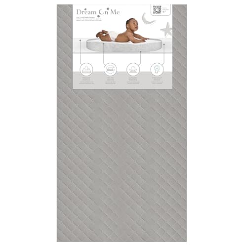 Dream On Me Asheville 4” Firm Fiber Crib & Toddler Bed Mattress, Dual-Sided, Waterproof, Greenguard Gold Certified, Lightweight, Reversible Design, Grey Embossed Vinyl Cover