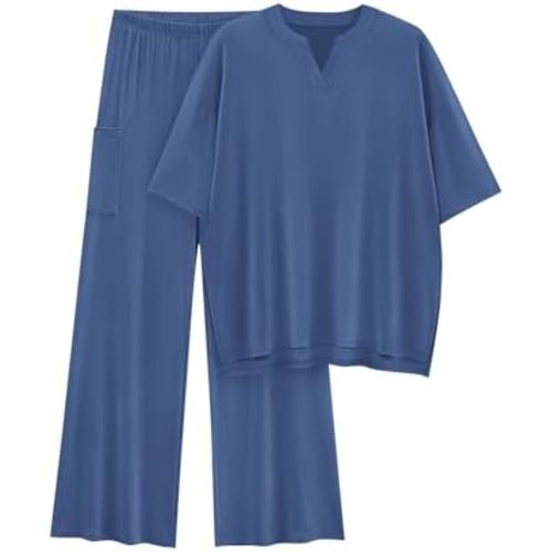 KIRUNDO Two Piece Sets for Women Lounge Set Airport Travel Summer Outfits 2026 Comfy Short Sleeve Top Matching Wide Leg Pants