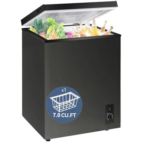 7.0 Cu Ft Chest Freezer - Energy Saving Quiet Top Open Door Mini Freezer Adjustable 6 Thermostat - Compact Small Deep Freezer w/Removable Basket and Defrost Water Drain for Home/Apartment/Garage
