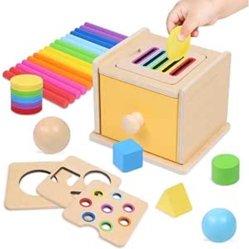 YHHYTOY Montessori Toys for 1+ Year Old, Object Permanence Coin Box | Color Sorting Ball Drop Fine Motor Skills Toys for 1-2 2-3 Year Old, Shape Sorters for Toddlers 1-3, Learning Gifts for Kids