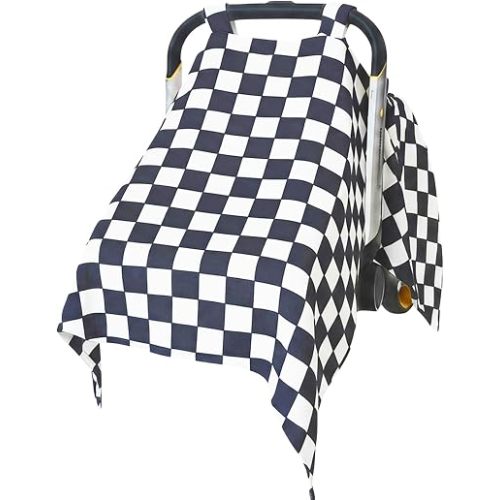 Muslin Car Seat Cover for Babies - Pink & White Checkered Infant Carrier Canopy, Soft & Breathable Baby Carseat Cover, Lightweight Sunshade for Summer, Universal Fit for Boys & Girls